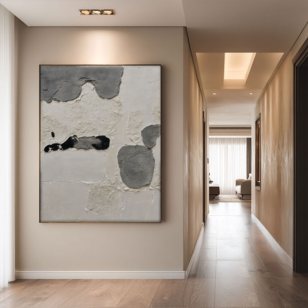 Minimalist Asymmetrical Abstract Textured Wall Art Neutral Black Medium Grey Beige White Modern Handcrafted Plaster Style Decor for Contemporary Office Hallway Dining Room Bedroom Living Room