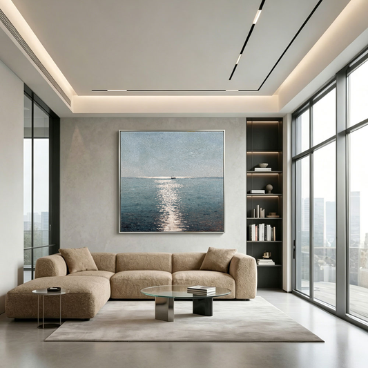 Minimalist Calm Blue Ocean Seascape Wall Art with Small Sailboat on Still Water, Serene Coastal Sky & Glistening Silver-Grey Water Pathway, Modern Nautical Decor for Tranquil Home & Office Spaces