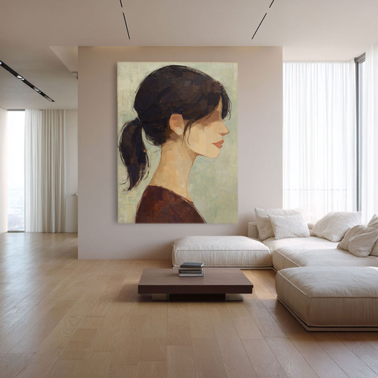 Vintage Muted Woman Profile Portrait Impasto Wall Art Abstract Figure Wall Decor with Brown Black Ponytail Beige Skin Soft Muted Background for Living Room Office Bedroom Dining Room Hallway