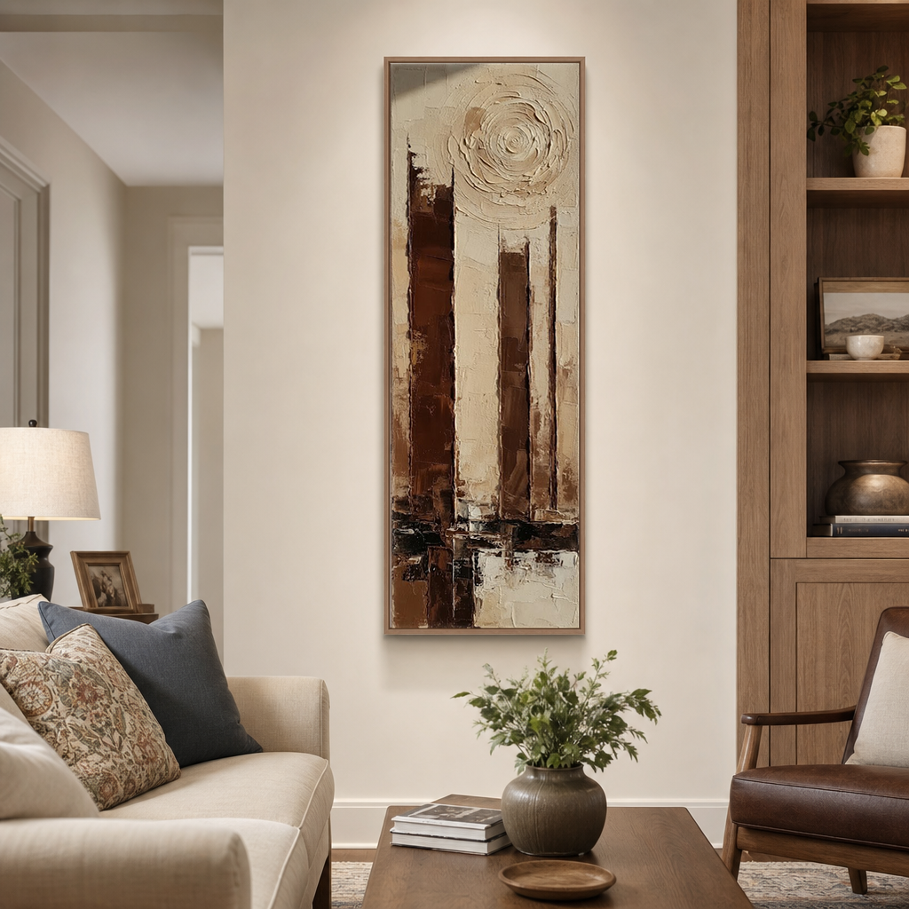 Tall Narrow Abstract Urban Landscape Impasto Wall Art Textured Brown Beige Black White Vertical Framed Artwork for Modern Living Room Office Hallway Bedroom Dining Room