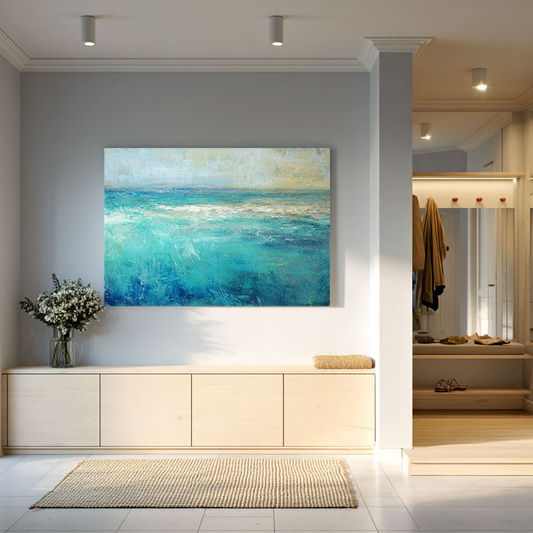 Abstract Coastal Ocean and Sky Textured Wall Art, Blue Green Beige White Impasto Painting, Modern Seascape Artwork for Living Room Bedroom Dining Room Hallway Office Decor