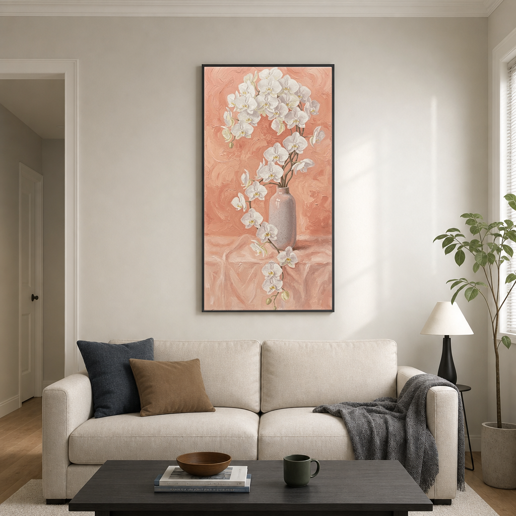 Elegant White Orchid Flower in Soft Light Grey Vase on Blush Pink Textured Background Framed Canvas Wall Art - Botanical Still Life Painting with Thick Impasto Brushstrokes for Modern Minimalist Living Room Bedroom Office Home Decor