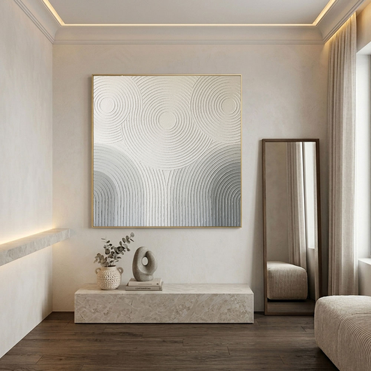 Minimalist Abstract Concentric Circles Textured Plaster Wall Art Neutral Monochrome White Medium Grey Modern Geometric Decor for Contemporary Spaces