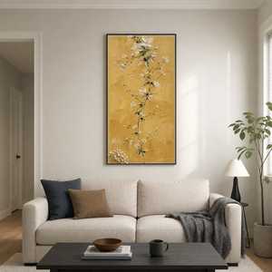 Golden Mustard Floral Vine with Impasto Texture in living room