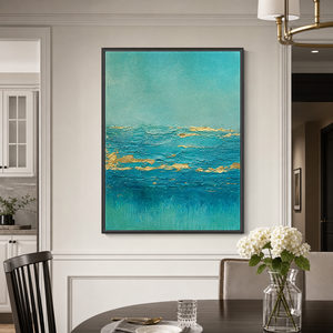 Teal Turquoise Gold Abstract Textured Acrylic Style Vertical Wall Art for Living Room