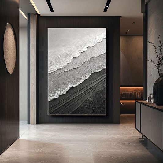 Black and White Abstract Textured Ocean Wave Wall Art Minimalist Monochrome Thick Knife Paint Coastal Scene Canvas Artwork for Modern Home Decor