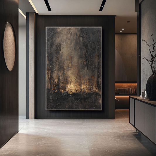 Dark Moody Abstract Textured Wall Art with Gold Brown Medium Grey Accents Vintage Rustic Impasto Artwork for Modern Living Room Bedroom Office Dining Room Hallway Neutral Industrial Decor