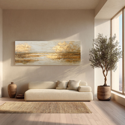 Elegant Vintage Golden Autumn Trees Landscape Reflection Wall Art, Warm Impressionist Nature Decor with Thick Textured Brushwork, Featuring Beige, Brown, Gold, Light Grey Tones, Ideal for Modern Living Room, Bedroom, Office, Dining Room, Hallway