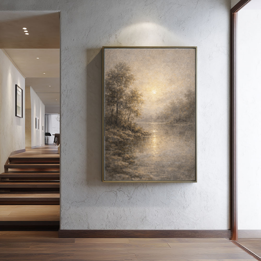Vintage Muted River Landscape Wall Art Soft Golden Sunrise Sunlit Forest Trees Calm Water Reflection Neutral Earthy Tones Textured Canvas Print for Cozy Living Room Bedroom Office Hallway Dining Room Decor