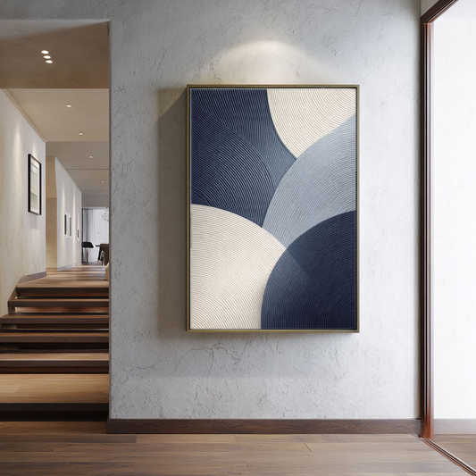 Modern Abstract Blue White Beige Light Grey Curved Geometric Lines Textured Impasto Canvas Wall Art for Minimalist Living Room Office Bedroom Dining Room Hallway Home Decor