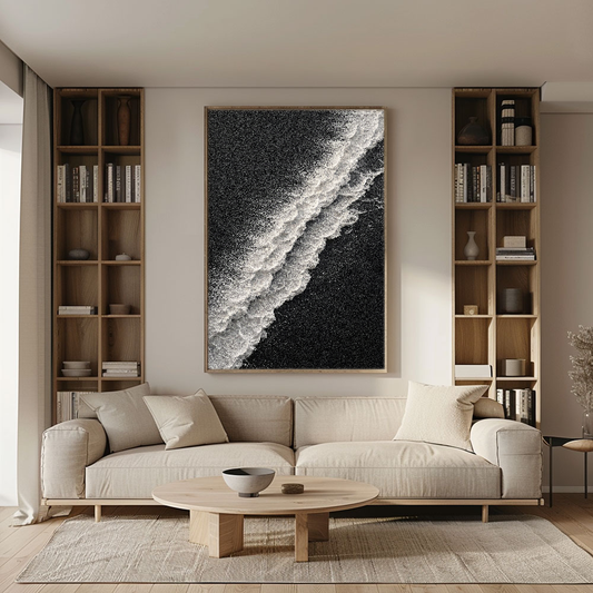 Black and White Abstract Ocean Wave Textured Wall Art, Minimalist Monochrome 3D Wave Texture Canvas Artwork for Modern Home Decor, Framed Coastal Inspired Black White Plaster Wall Art for Living Room Bedroom Office