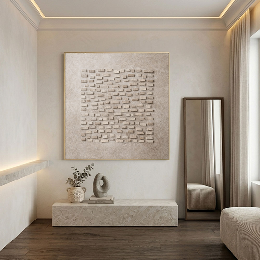 Minimalist Neutral Geometric 3D Relief Abstract Wall Art, Modern Textured Beige Light Grey Wabi Sabi Inspired Artwork for Contemporary Home Decor