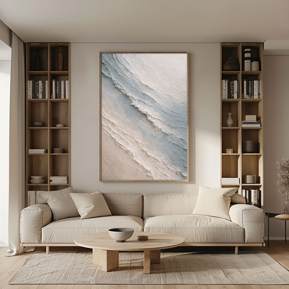 Abstract Blue Beige White Ocean Wave Textured Wall Art Minimalist Modern Frameless Canvas Painting for Living Room Bedroom Office Dining Hallway Neutral Coastal Style Wall Decor