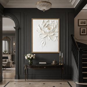 White Beige Gold Textured 3D Relief Vertical Flower Wall Art for Bedroom