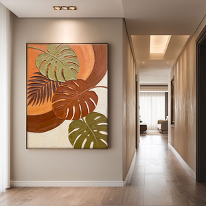 Vibrant Tropical Monstera Palm Leaf Wall Art with Warm Orange Brown Beige Green Tones, Thick Textured Impasto Knife Marks, Modern Botanical Decor for Living Room Bedroom Office Dining Room Hallway
