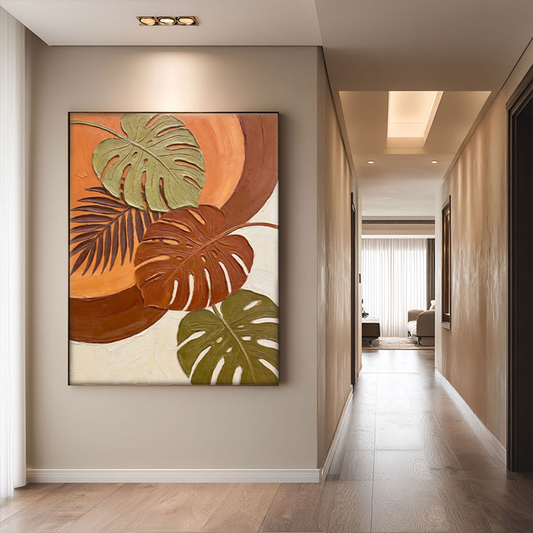 Vibrant Tropical Monstera Palm Leaf Wall Art with Warm Orange Brown Beige Green Tones, Thick Textured Impasto Knife Marks, Modern Botanical Decor for Living Room Bedroom Office Dining Room Hallway