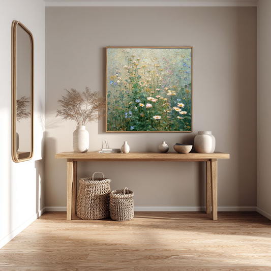 Vintage Textured Impasto Wildflower Meadow Landscape Wall Art Soft Muted Green White Pink Yellow Floral Painting for Living Room Bedroom Office Hallway Dining Room Decor