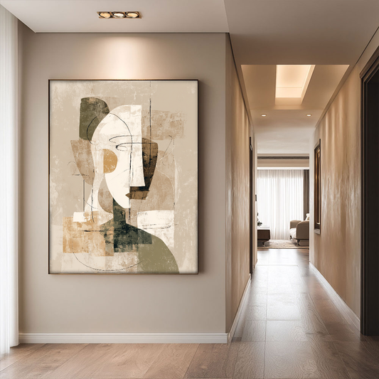 Abstract Vintage Portrait Wall Art, Neutral Beige White Brown Green Textured Modern Cubist Face Artwork, Muted Minimalist Geometry & Lines Painting Print for Living Room Bedroom Office Dining Hallway Decor