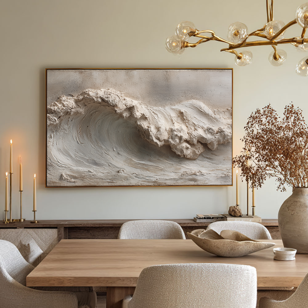 Textured Plaster 3D Relief Abstract Ocean Wave Wall Art Neutral Beige White Light Grey Modern Minimalist Wabi Sabi Stucco Decor for Living Room Bedroom Office Dining Room Hallway