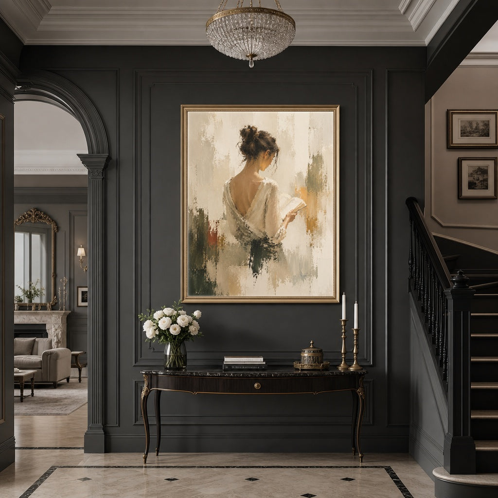 Serene Reader: Abstract Figurative Painting in Warm Tones in a grand hallway