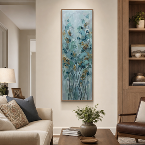 Tall Vertical Abstract Blue Beige Gold Floral Impasto Canvas Wall Art - Soft Muted Botanical Flower and Tree Artwork with Thick Knife Brush Paint Stacking, Minimal Elegant Textured Decor for Living Room Bedroom Office Hallway Dining Room