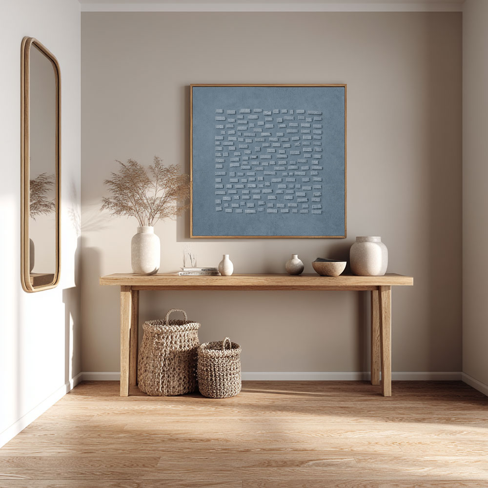 Minimalist Blue Grey 3D Textured Geometric Wall Art, Subtle Raised Block Relief Stretched Canvas Print with Black Frame, Modern Muted Neutral Home Decor for Contemporary Office, Living Room, Bedroom, Hallway & Dining Room