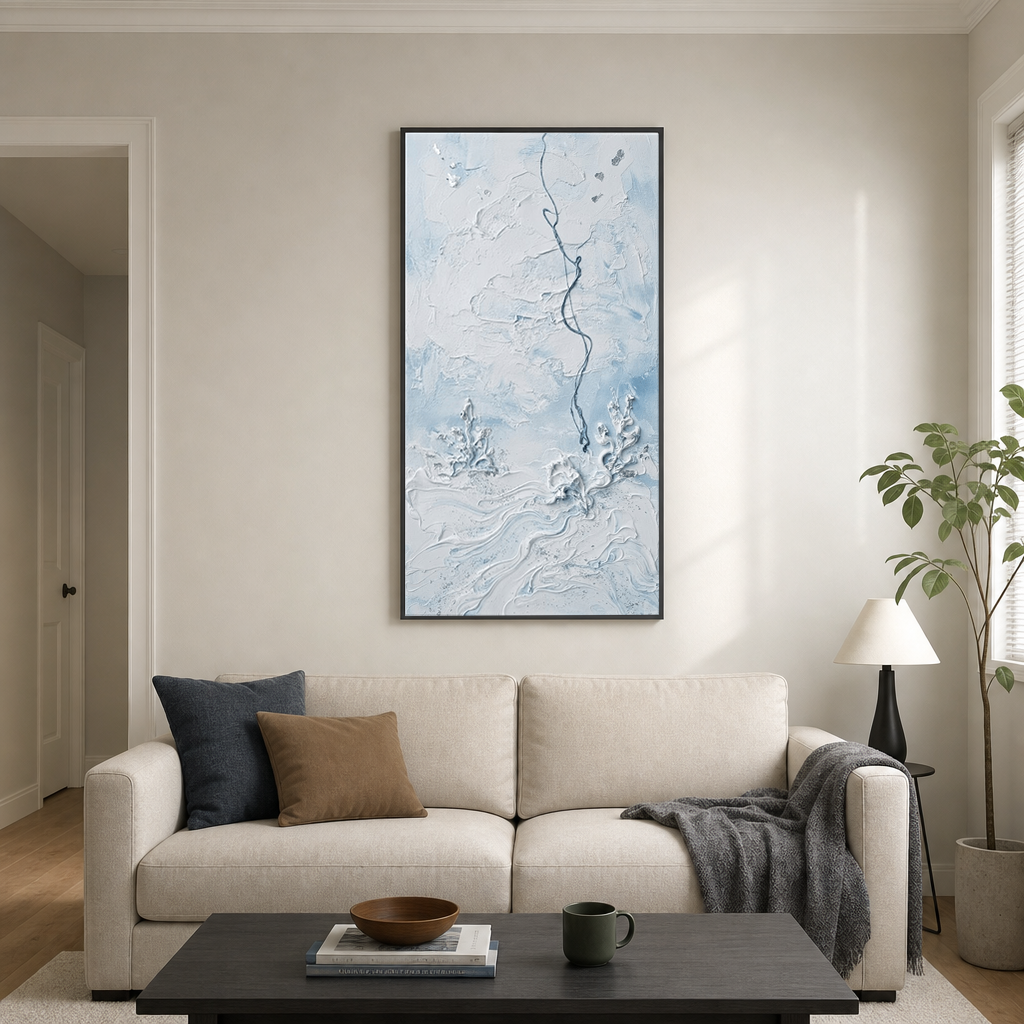 Minimalist Light Blue White Abstract Textured Ocean-inspired Framed Wall Art for Modern Living Room Bedroom Dining Room Hallway Office
