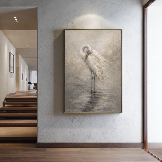 Vintage Muted White Egret Standing in Water Textured Wall Art Neutral Coastal Nature Animal Painting for Bedroom Living Room Dining Room Office Hallway