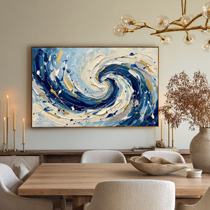 Blue White Gold Abstract Ocean Wave Swirl Thick Impasto Textured Canvas Wall Art Modern Coastal Living Room Bedroom Dining Room Office Hallway Decorative Artwork