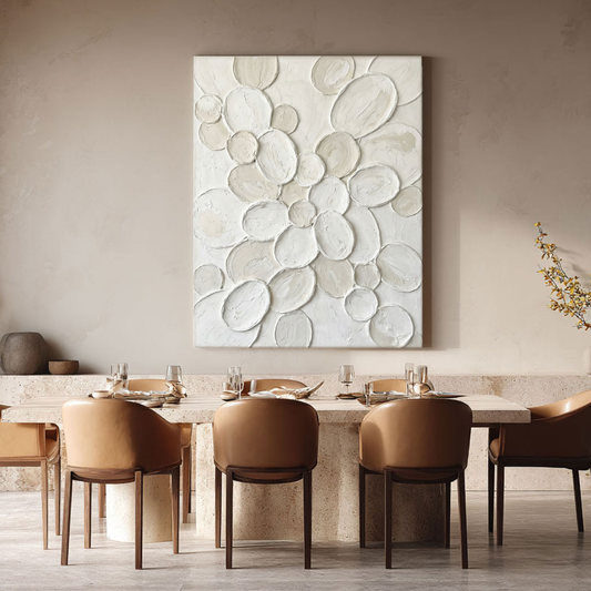 Minimalist White Beige Textured Abstract Wall Art Thick Impasto Organic Round Pebble Styled Modern Neutral Artwork for Contemporary Home Office Living Room Bedroom Dining Room Hallway Interior Decor