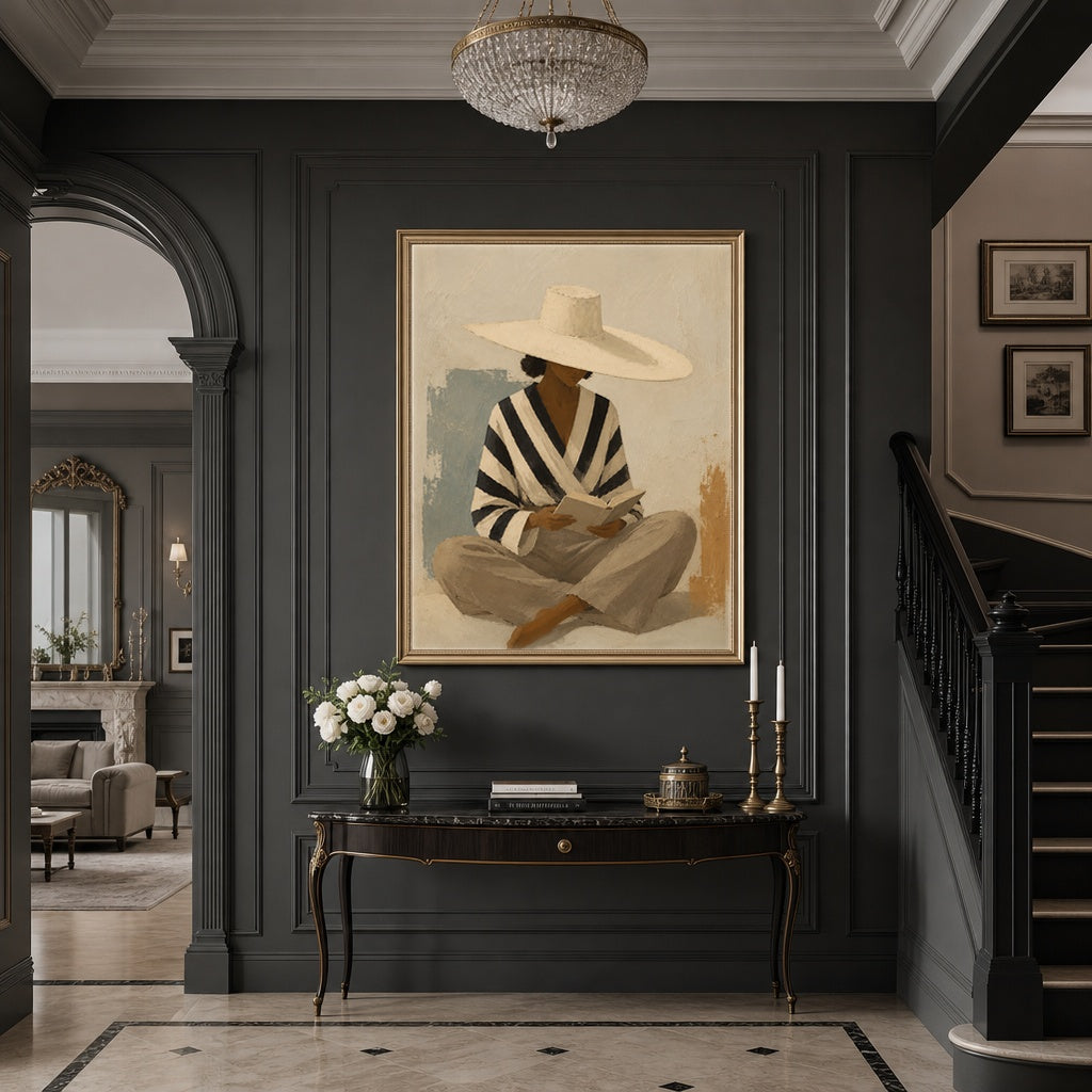 Seated Serenity: Reading Woman with Wide-Brim Hat in a luxurious dark hallway