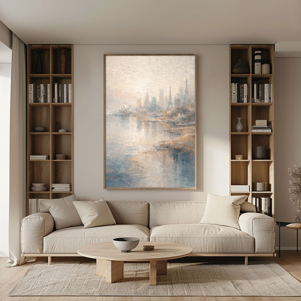 Soft Muted Vintage Textured Global Iconic City Skyline Wall Art, Framed Canvas Coastal & Urban Water Reflection Artwork with Neutral Blue, Beige, White & Brown Tones for Calm Home & Office Spaces Including Living Room, Bedroom, Dining Room, Hallway