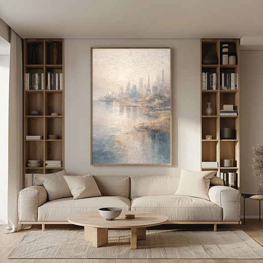 Soft Muted Vintage Textured Global Iconic City Skyline Wall Art, Framed Canvas Coastal & Urban Water Reflection Artwork with Neutral Blue, Beige, White & Brown Tones for Calm Home & Office Spaces Including Living Room, Bedroom, Dining Room, Hallway