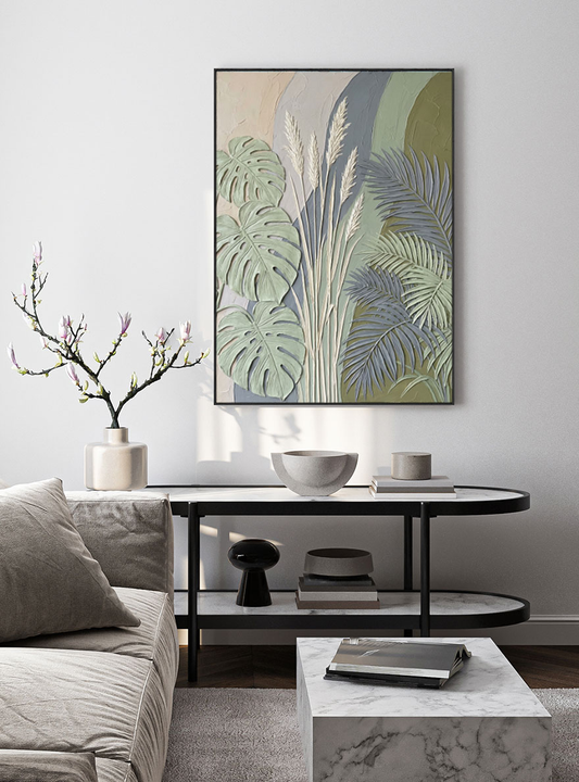 Elegant Tropical Botanical Textured 3D Relief Wall Art Featuring Monstera Palm Fronds Pampas Grass Muted Sage Olive Green Beige Medium Grey Curved Background Living Room Bedroom Dining Hallway Office Modern Nature Inspired Decor Piece