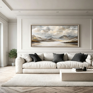 Large Framed Neutral Mountain Lake Landscape Wall Art Cloudy Sky Nature Scenery Canvas Textured Abstracted Earthy Tones Wall Decor for Modern Living Room Bedroom Dining Room Office Hallway