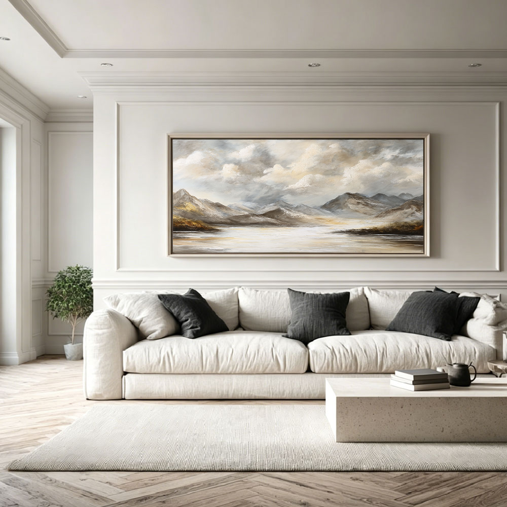Large Framed Neutral Mountain Lake Landscape Wall Art Cloudy Sky Nature Scenery Canvas Textured Abstracted Earthy Tones Wall Decor for Modern Living Room Bedroom Dining Room Office Hallway