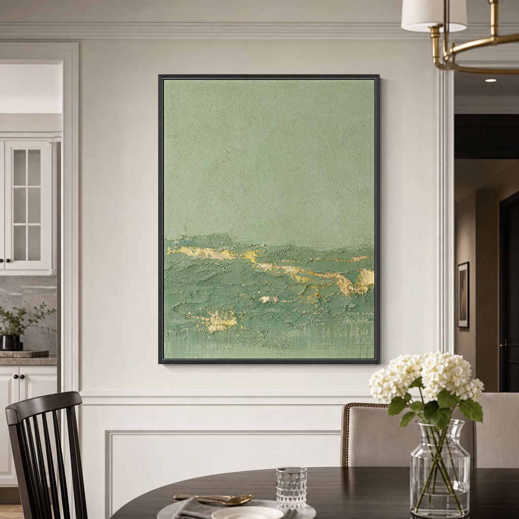 Textured Abstract Sage Green And Gold Vertical Acrylic-Style Wall Art For Living Room