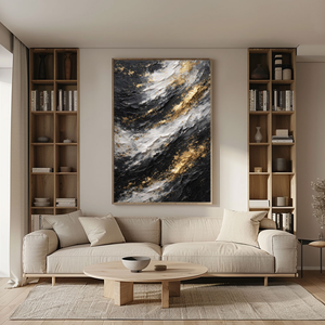 Modern Abstract Black White Gold Thick Impasto Textured Wall Art, Luxury Contemporary Dark Light Contrast Canvas Artwork, Minimalist Yet Glam Living Room Bedroom Office Dining Hallway Decor Painting