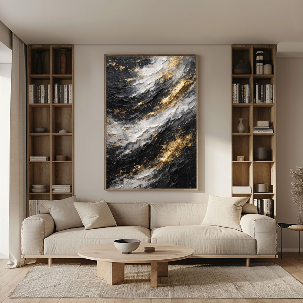 Modern Abstract Black White Gold Thick Impasto Textured Wall Art, Luxury Contemporary Dark Light Contrast Canvas Artwork, Minimalist Yet Glam Living Room Bedroom Office Dining Hallway Decor Painting