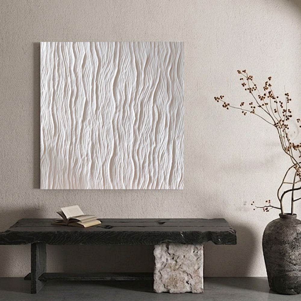 Minimalist White Organic Wavy Textured Abstract Plaster Wall Art Modern Neutral Framed Decor for Contemporary Living Room Bedroom Office Dining Room Hallway