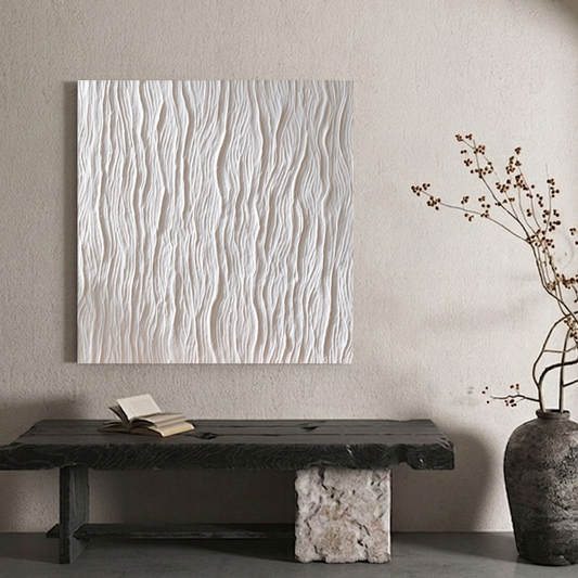 Minimalist White Organic Wavy Textured Abstract Plaster Wall Art Modern Neutral Framed Decor for Contemporary Living Room Bedroom Office Dining Room Hallway