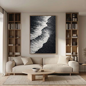 Black and White Textured Abstract Ocean Wave Coastal Minimalist Thick Paint Impasto Wall Art for Modern Living Room Bedroom Dining Room Office Hallway Decor