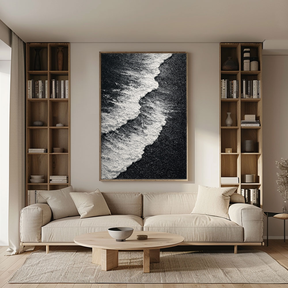 Black and White Textured Abstract Ocean Wave Coastal Minimalist Thick Paint Impasto Wall Art for Modern Living Room Bedroom Dining Room Office Hallway Decor