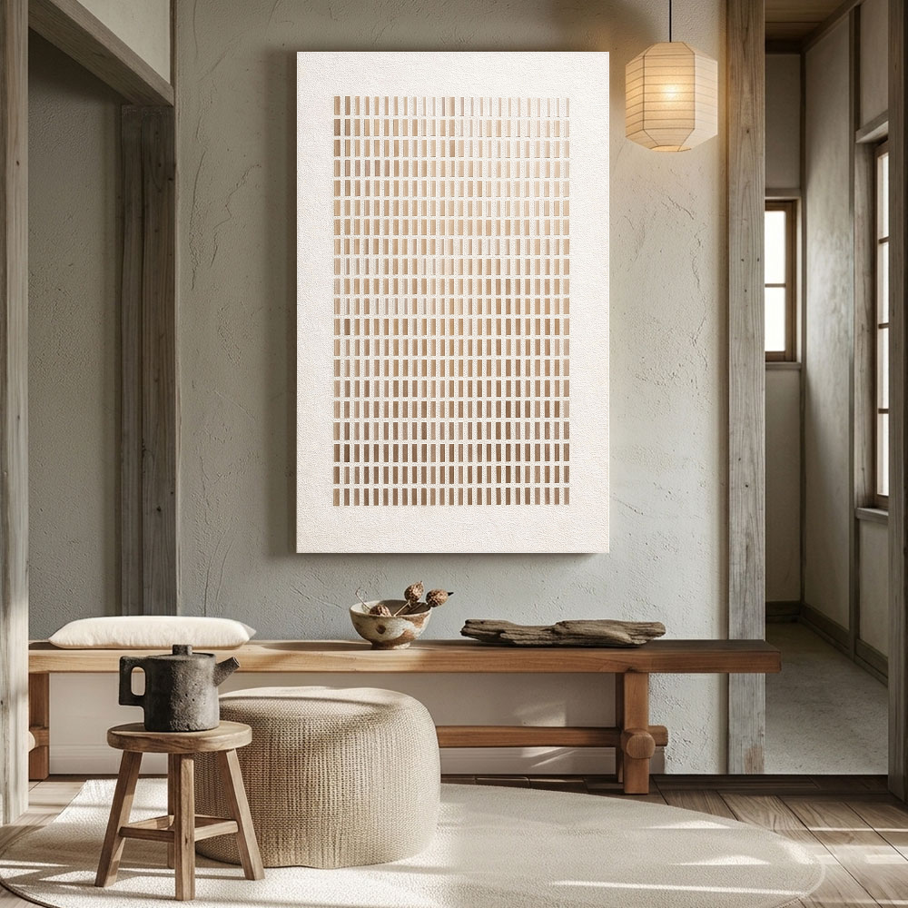 Minimalist Abstract Geometric Beige White Gradient Line Grid Textured Canvas Wall Art Neutral Tone Modern Home Office Living Room Decor#TW187