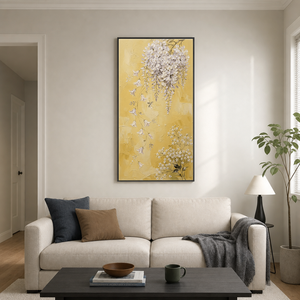 Elegant Vertical Wisteria and Baby's Breath Floral Wall Art, Soft Purple and White Cascading Blooms on Warm Yellow Background, Thick Impasto Textured Painting for Modern Home Decor Living Room Bedroom Office Dining Room Hallway