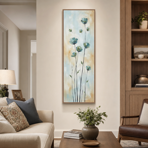 Abstract Floral Canvas Wall Art Soft Blue Beige Brown White Vertical Long Panel Botanical Painting Framed Minimalist Decor For Living Room Bedroom Dining Room Hallway Office