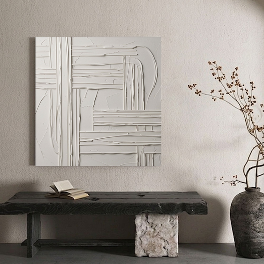 Minimalist White Light Grey Textured 3D Relief Abstract Geometric Wall Art for Modern Living Room Bedroom Office Dining Room Hallway Decor
