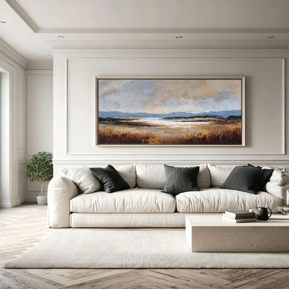 Vintage Landscape Wall Art - Panoramic Muted Marshland Acrylic Painting