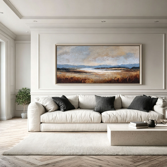 Vintage Muted Panoramic Landscape Canvas Wall Art - Serene Soft Blue Beige Cloudy Sky, Distant Blue Mountains, Calm Golden Brown Reeds, Textured Low Saturation Artwork for Cozy Home & Office Decor