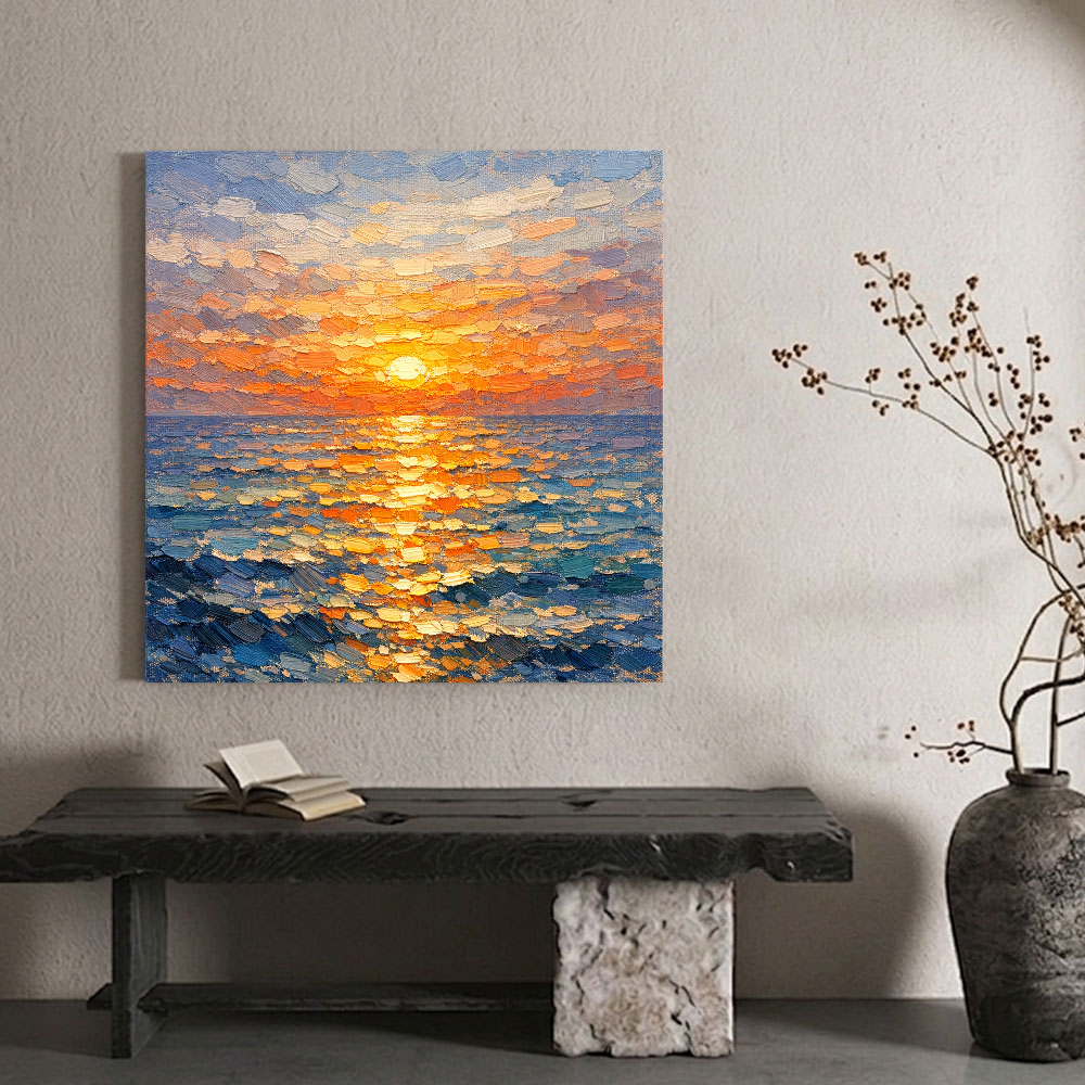 Impasto Ocean Sunset Wall Art Thick Knife Paint Textured Blue Orange Yellow Coastal Nature Artwork Sunset Reflection Sea Wave Vibrant Framed Canvas Painting for Living Room Bedroom Dining Room Office Hallway Home Decor